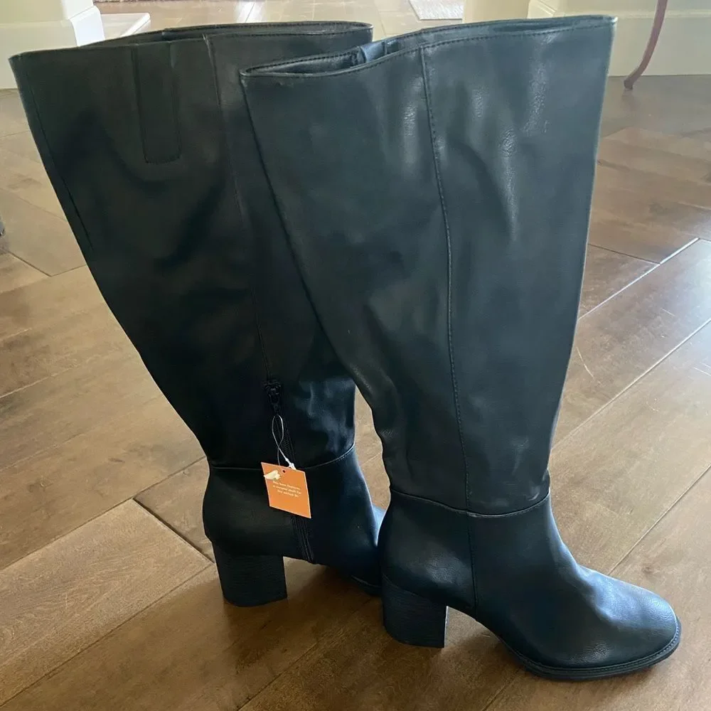 Zodiac Riona Knee High Black Boot, Stacked Heel, Sz 11 Wide Calf